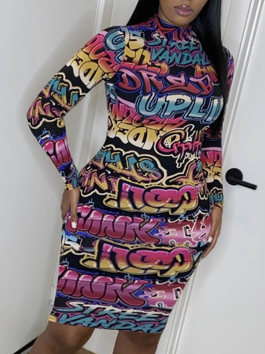 

Lovely Street Graffiti Print Patchwork Pink Knee Length Dress