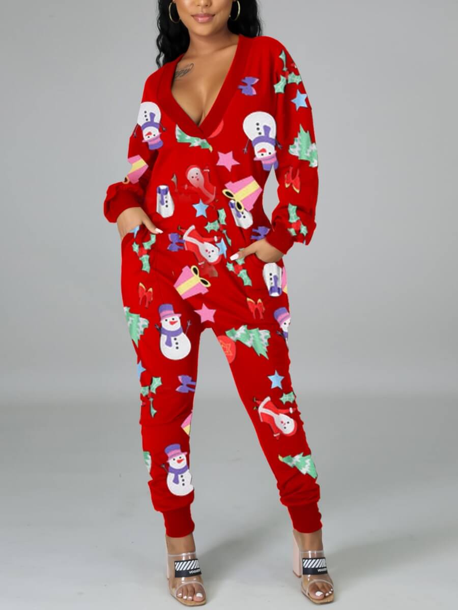 

Lovely Casual V Neck Cartoon Print Red One-piece Jumpsuit