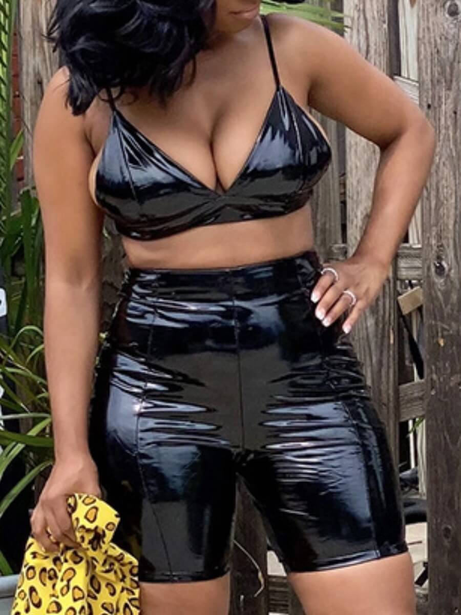

Lovely Street Spaghetti Strap Elastic Black Two Piece Shorts Set