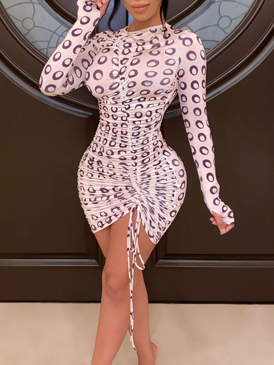 

Lovely Chic Dot Print Drawstring Apricot Mini Dress