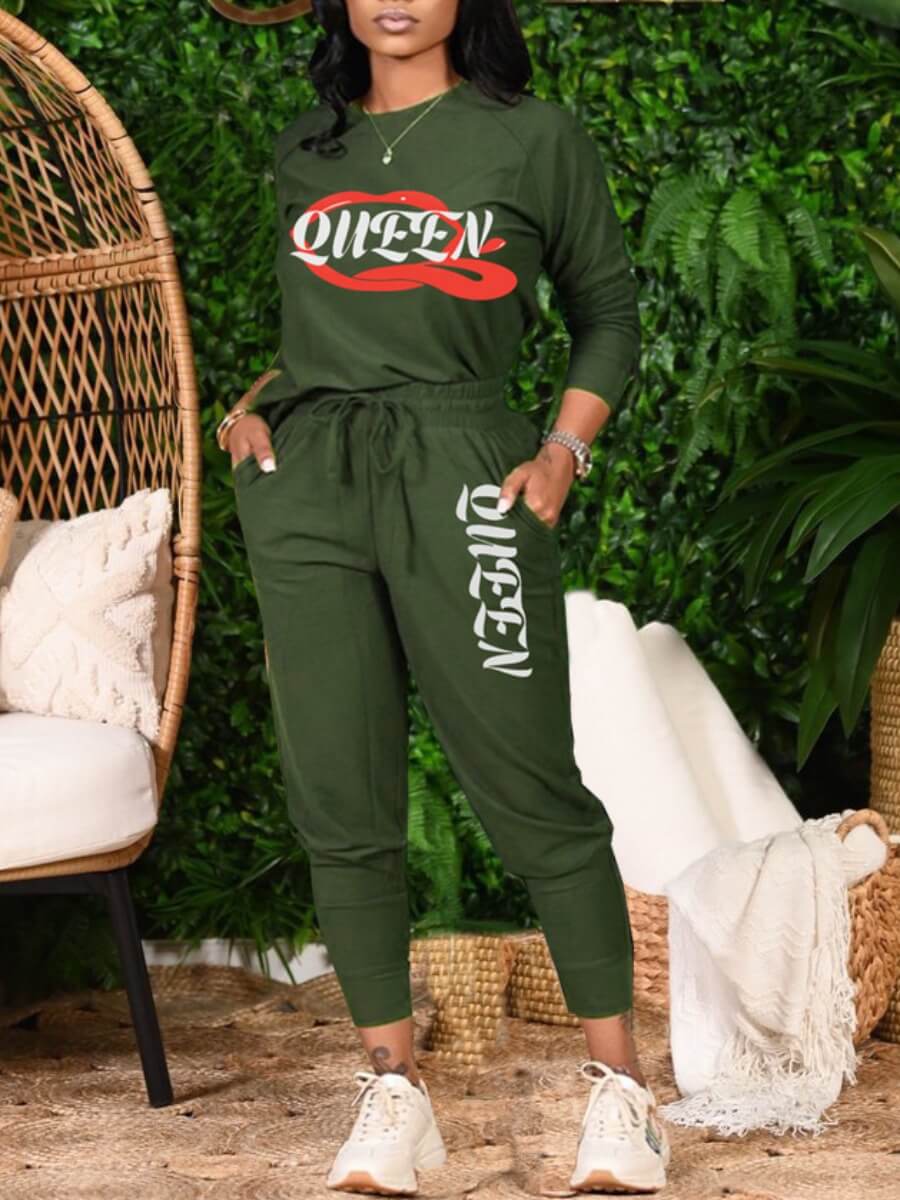 

Lovely Casual Letter Print Drawstring Green Two Piece Pants Set
