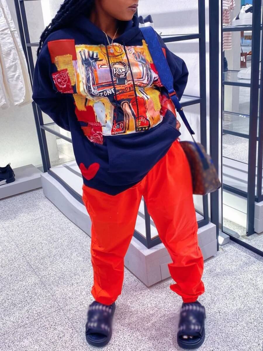 

Lovely Street Graffiti Print Patchwork Jacinth Two Piece Pants Set