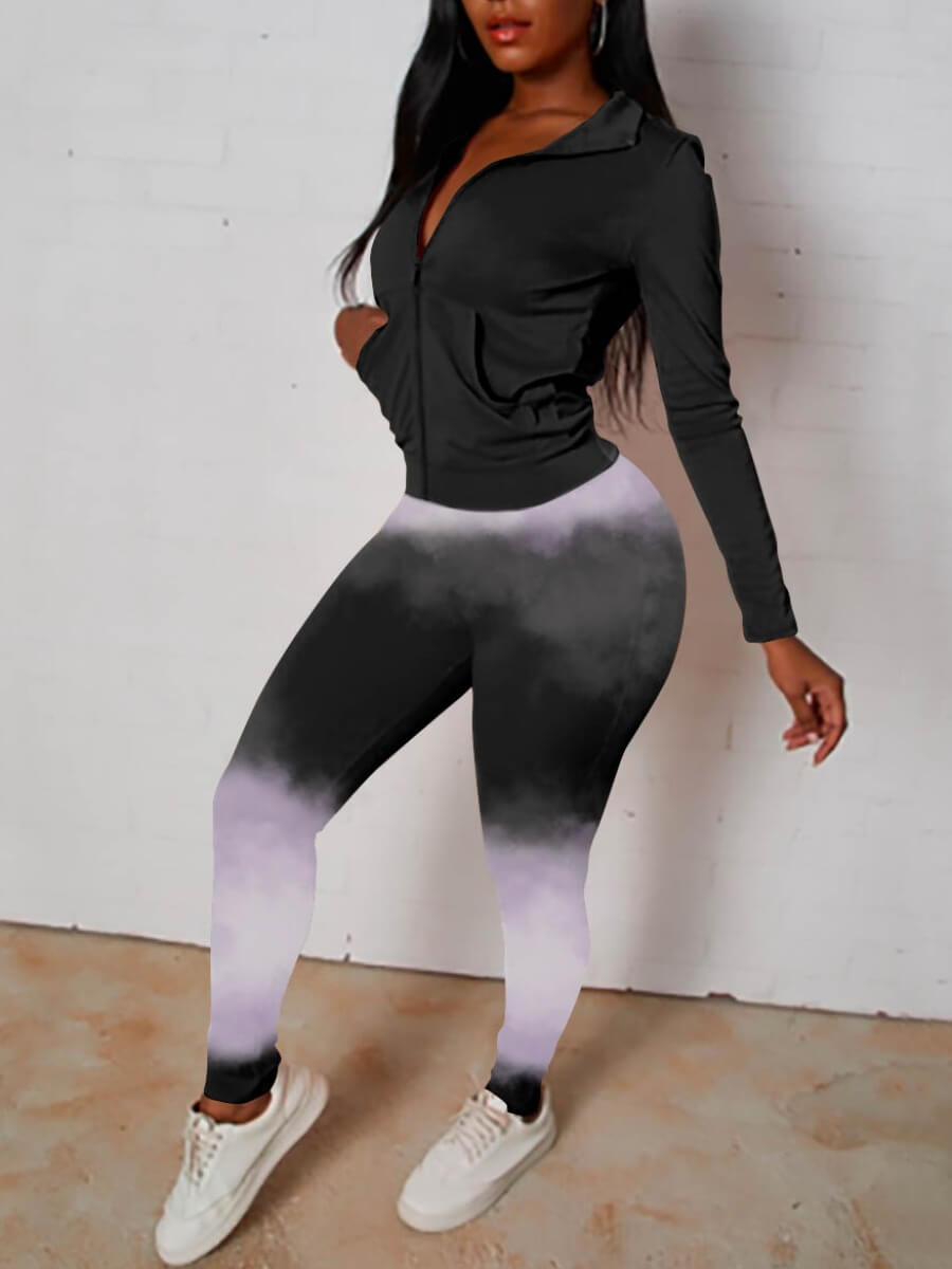 

Lovely Street O Neck Gradient Black Two Piece Pants Set
