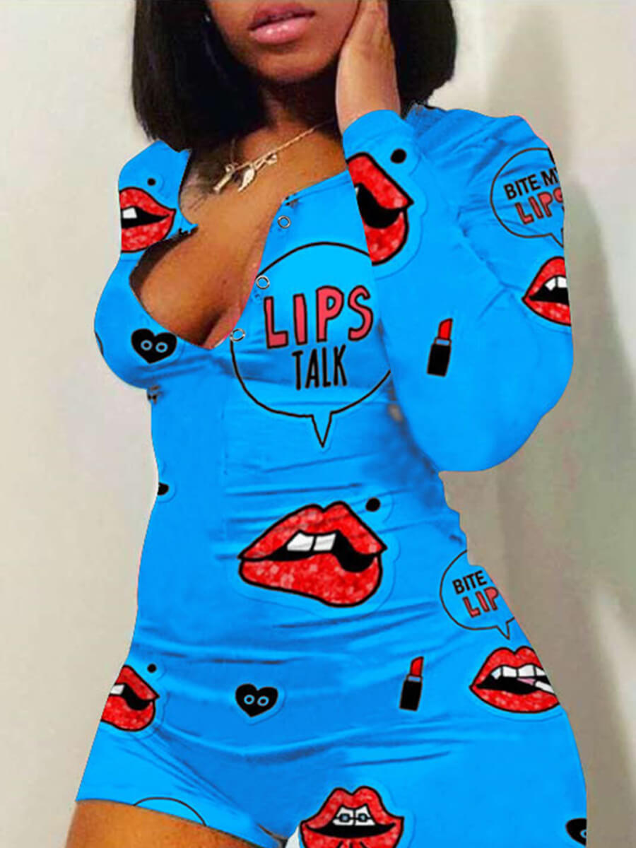 

Lovely Casual V Neck Print Blue One-piece Romper