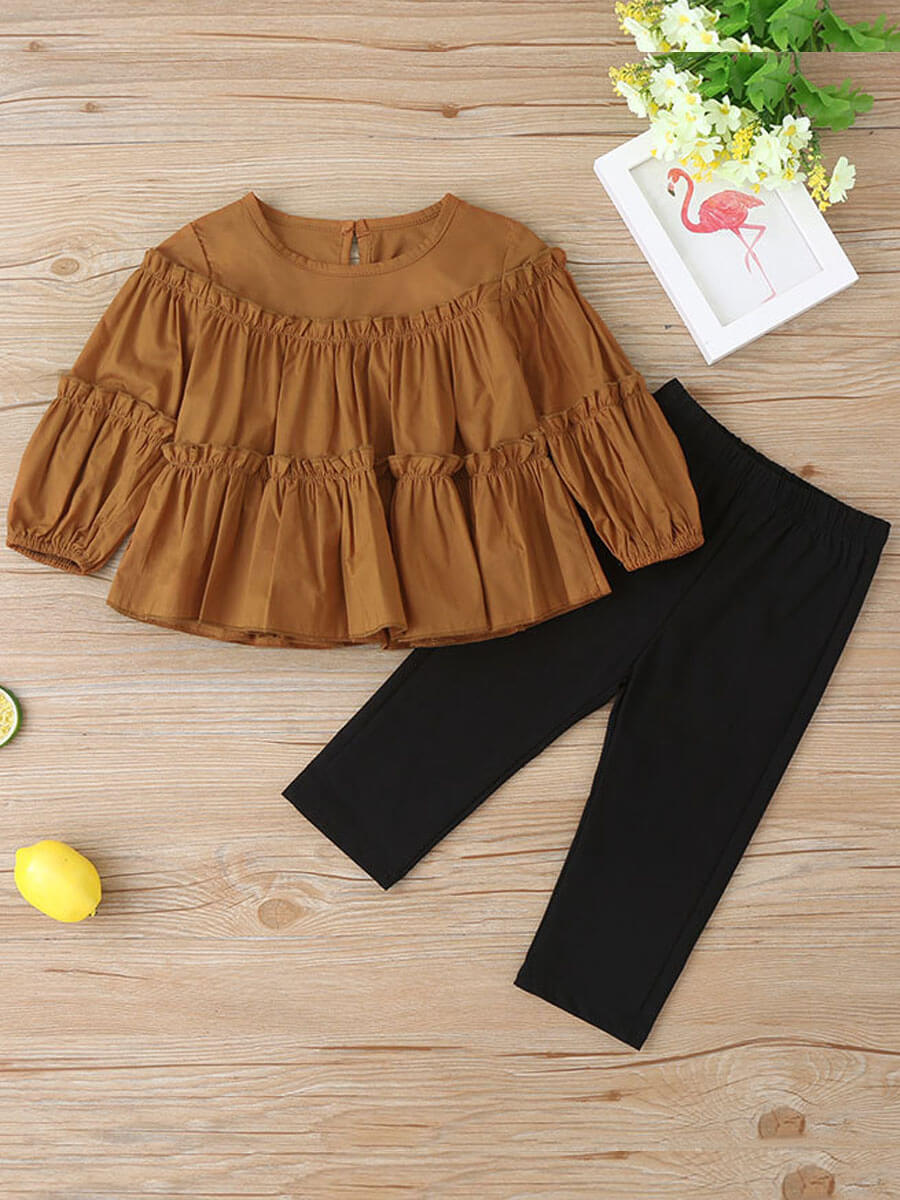 

Lovely Casual O Neck Fold Design Brown Girl Two Piece Pants Set