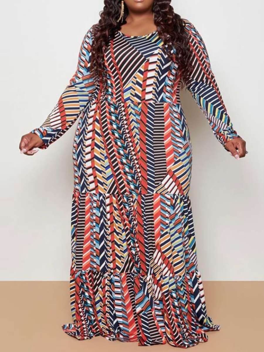 

Lovely Casual Geometric Print Patchwork Multicolor Floor Length A Line Plus Size Dress, Multi