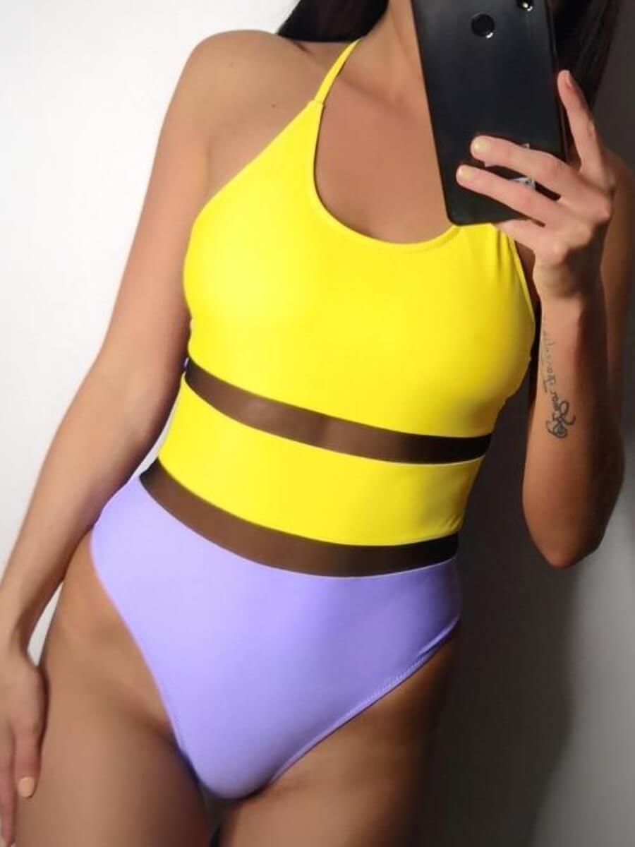 

Lovely Halter Neck Patchwork Backless Multicolor One-piece Swimsuit, Multi