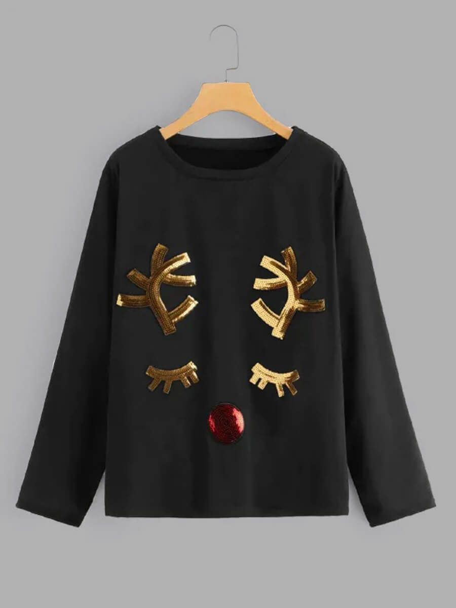 

Lovely Casual O Neck Sequined Christmas Day Black T-shirt