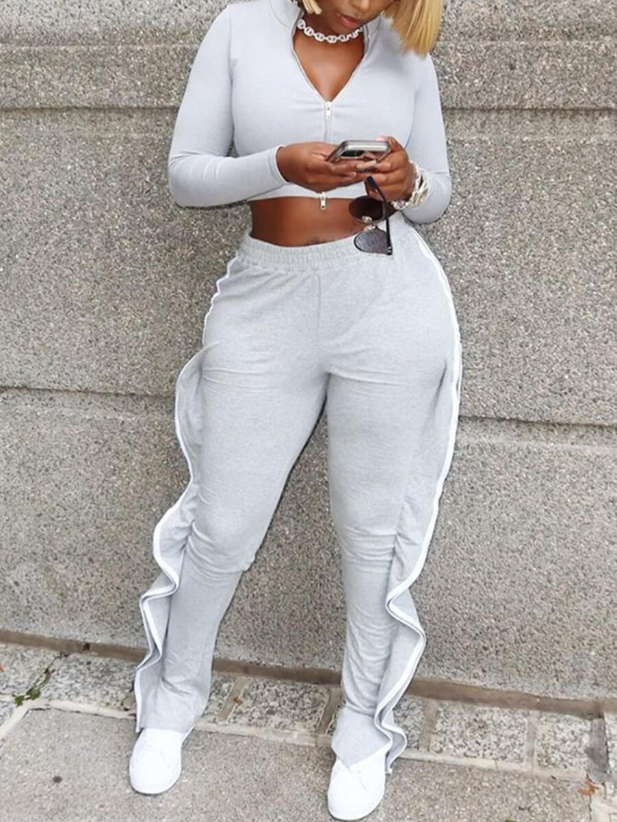 

Lovely Sportswear Mandarin Collar Flounce Patchwork Grey Two Piece Pants Set