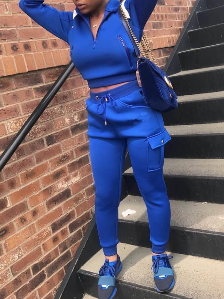 

Lovely Sportswear Turndown Collar Blue Two Piece Pants Set