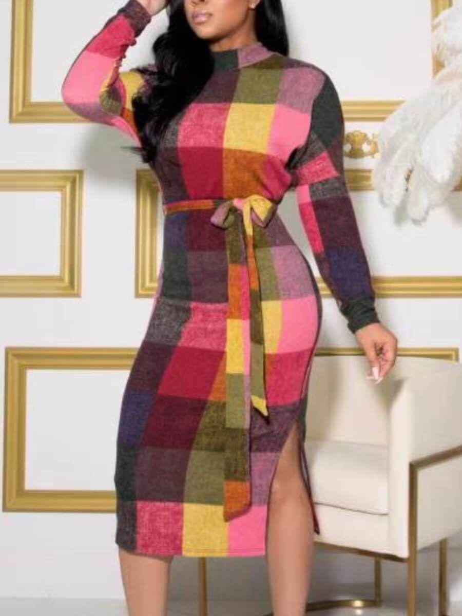 

Lovely Casual Half A Turtleneck Plaid Print Lace-up Multicolor Knee Length Dress, Multicolor lattices