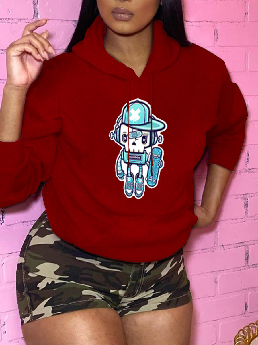 

Lovely Casual Hooded Collar Print Red Hoodie