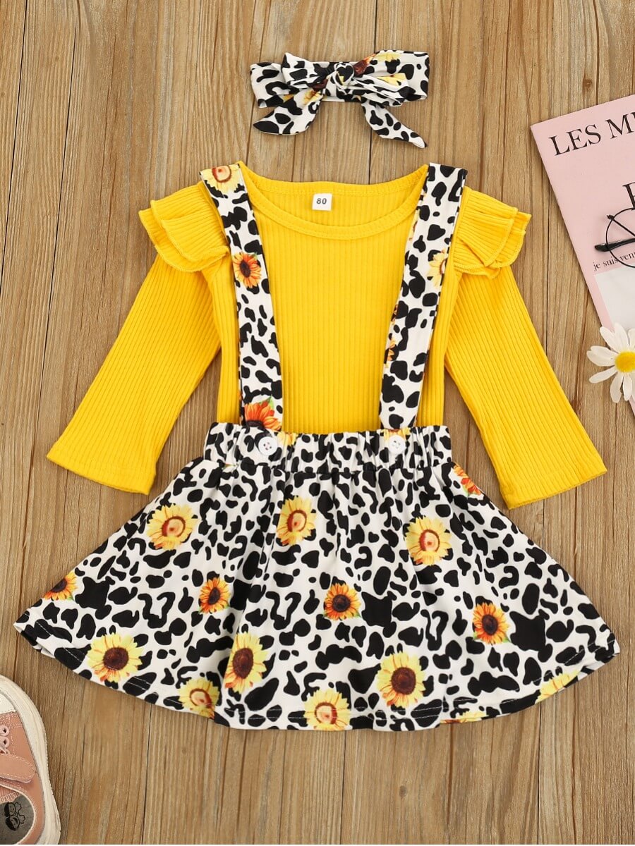 

Lovely Sweet O Neck Leopard Print Yellow Girl Two-piece Skirt Set