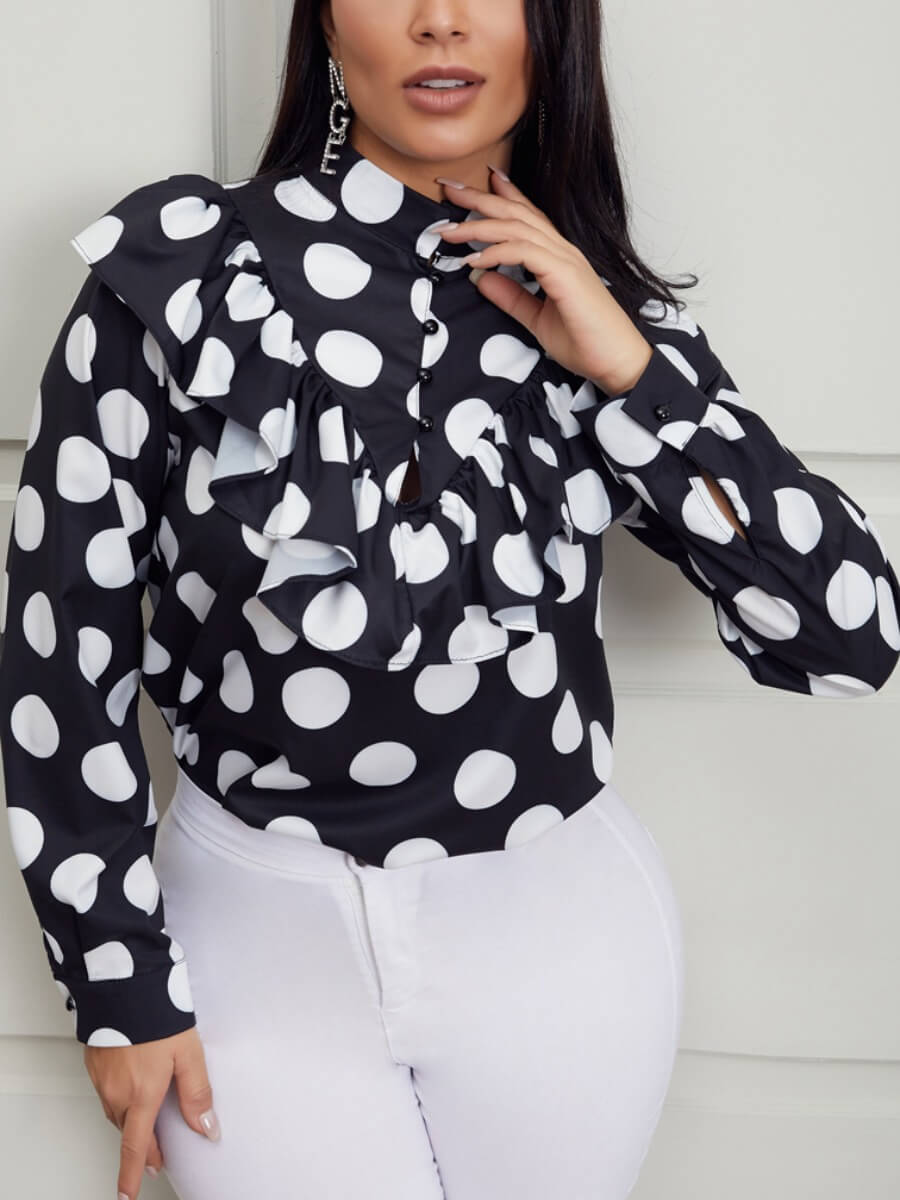 

Lovely Silk Fashion Dot Shirt-sleeve Flounce Regular Long Sleeve Half a turtleneck Full Print Blouses&Shirts, White dot