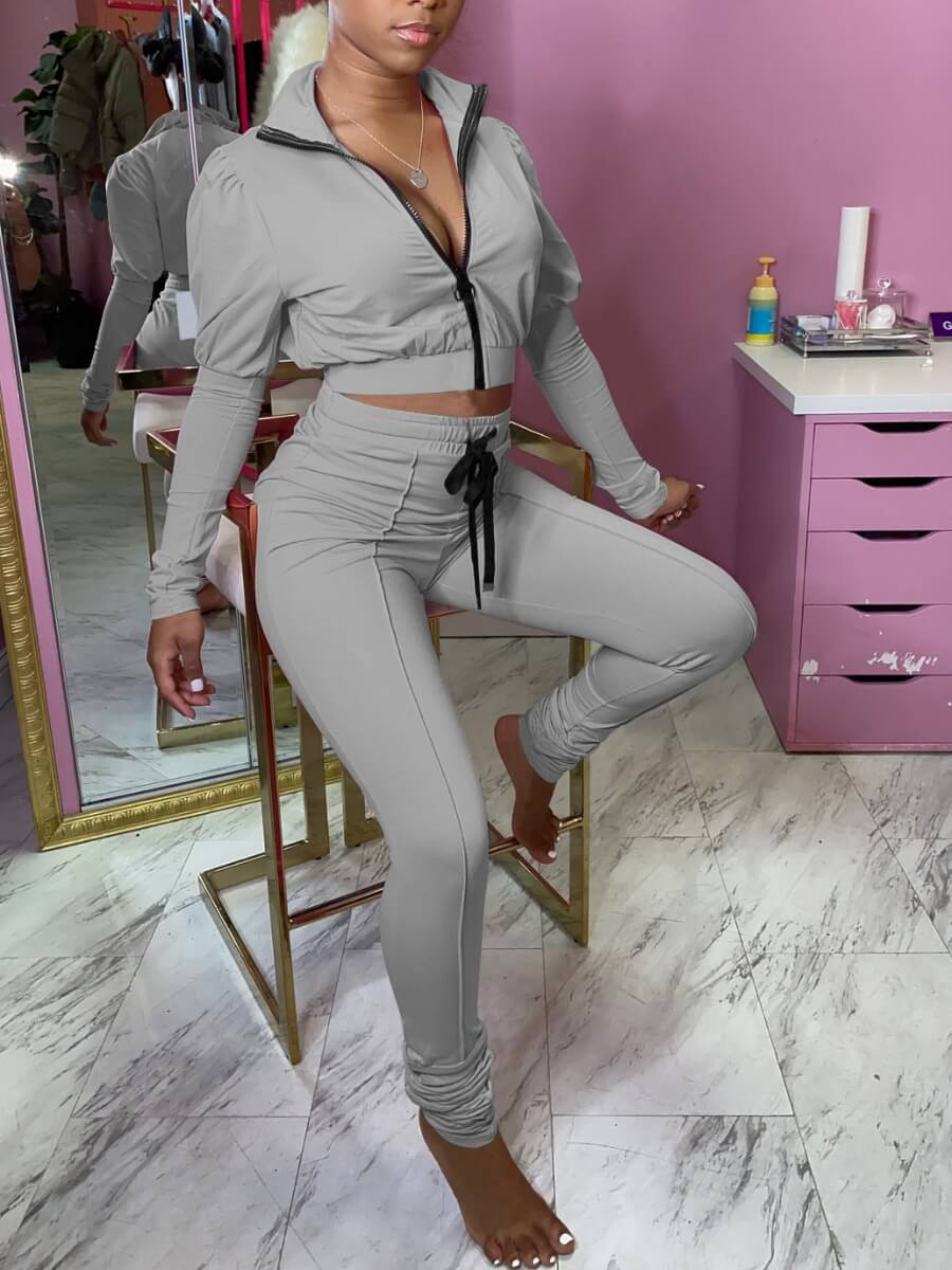 

Lovely Casual Turndown Collar Fold Design Grey Two Piece Pants Set