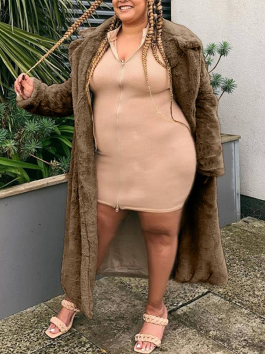 

Lovely Stylish Turndown Collar Basic Brown Plus Size Faux Fur