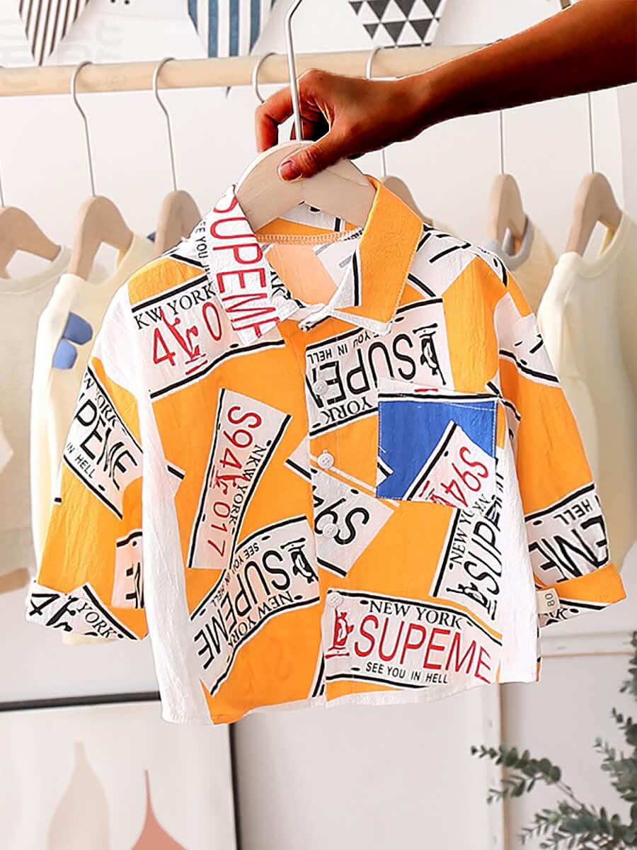 

Lovely Street Letter Print Patchwork Yellow Boy Shirt