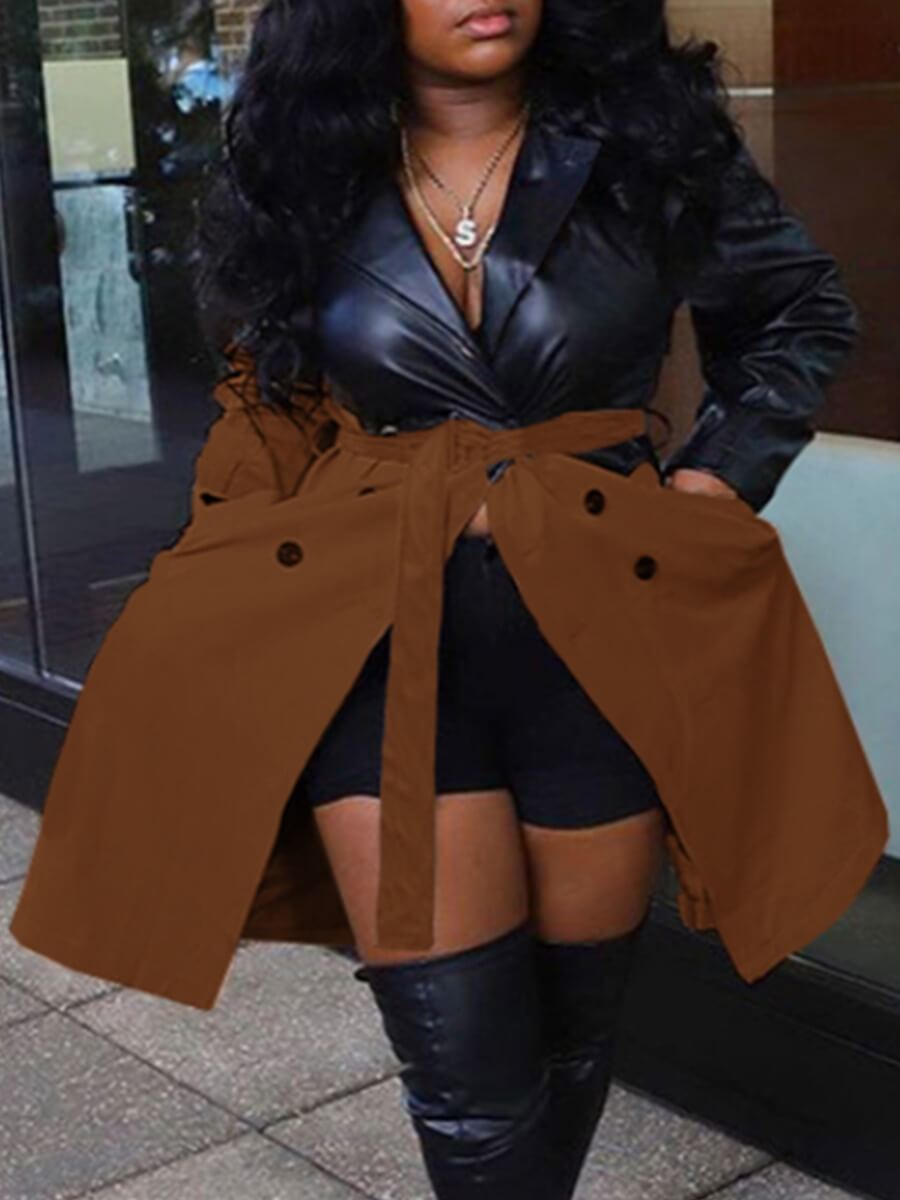 

Lovely Stylish Turndown Collar Patchwork Brown Trench Coat