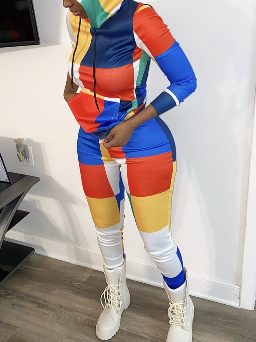 

Lovely Street Hooded Collar Color-lump Patchwork Multicolor Two Piece Pants Set, Multi