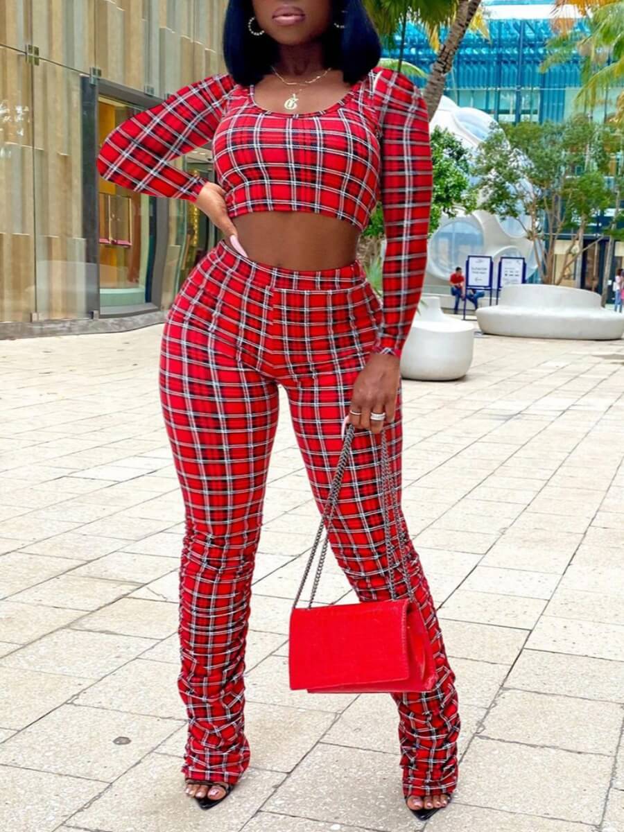 

Lovely Street Plaid Print Fold Design Red Two Piece Pants Set