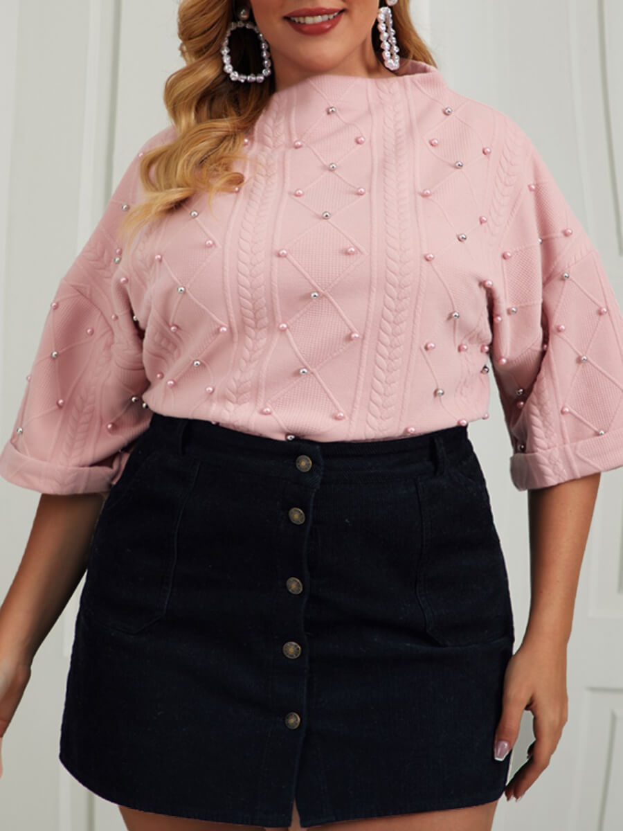 

Lovely Sweet O Neck Pearl Decoration Pink Plus Size Sweater