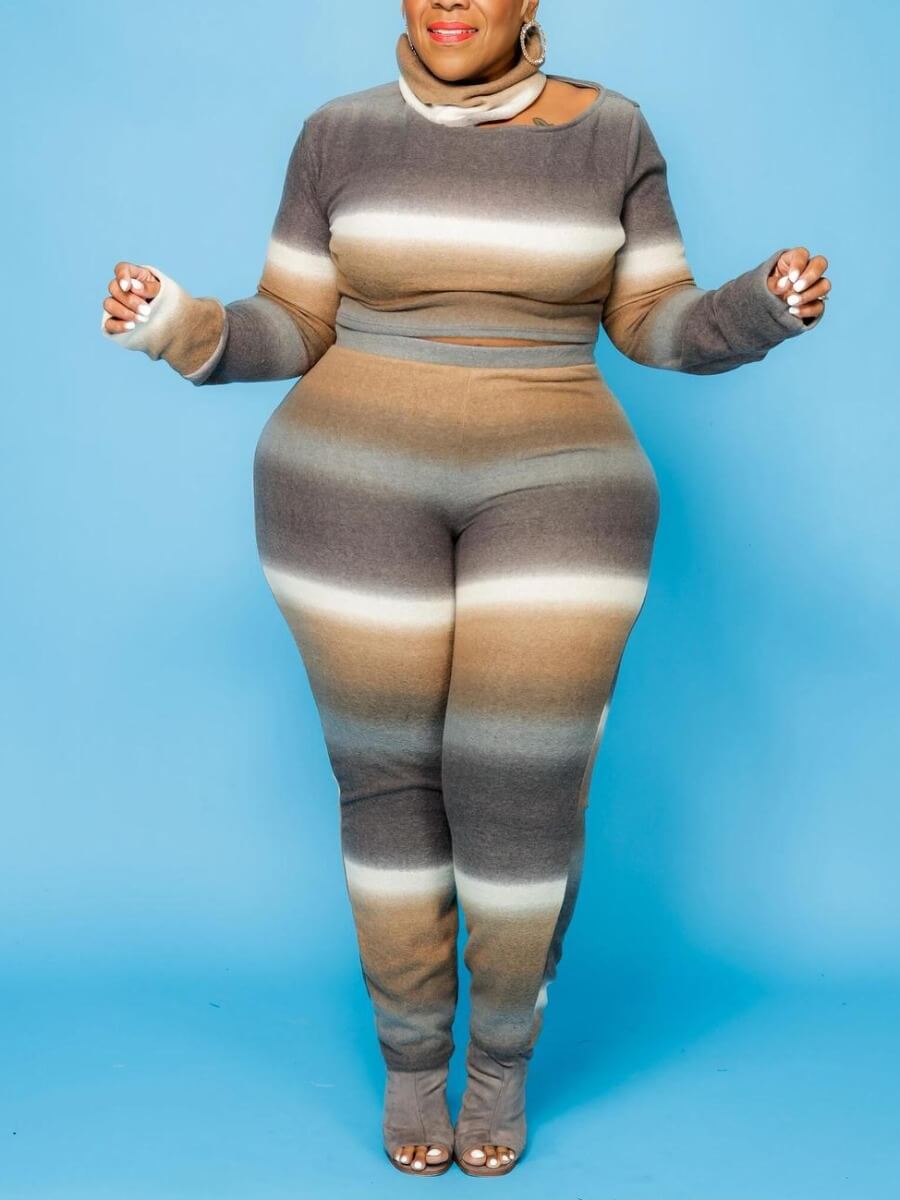 

Lovely Casual Turtleneck Gradient Hollow-out Grey Plus Size Two-piece Pants Set