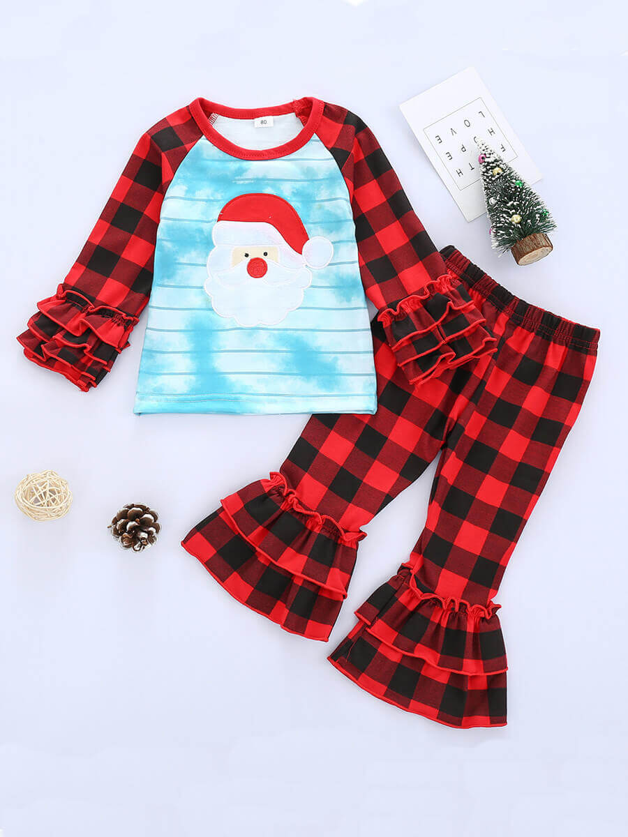 

Lovely Trendy Christmas Day Flared Plaid Print Girl Two Piece Pants Set, Black & white tartan;red and black check