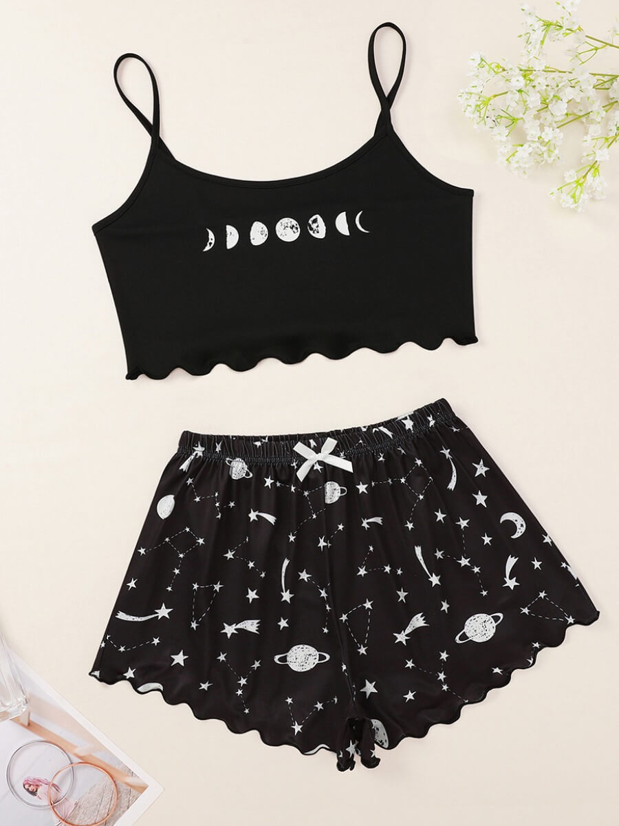 

Lovely Sexy Star Print Patchwork Black Sleepwear