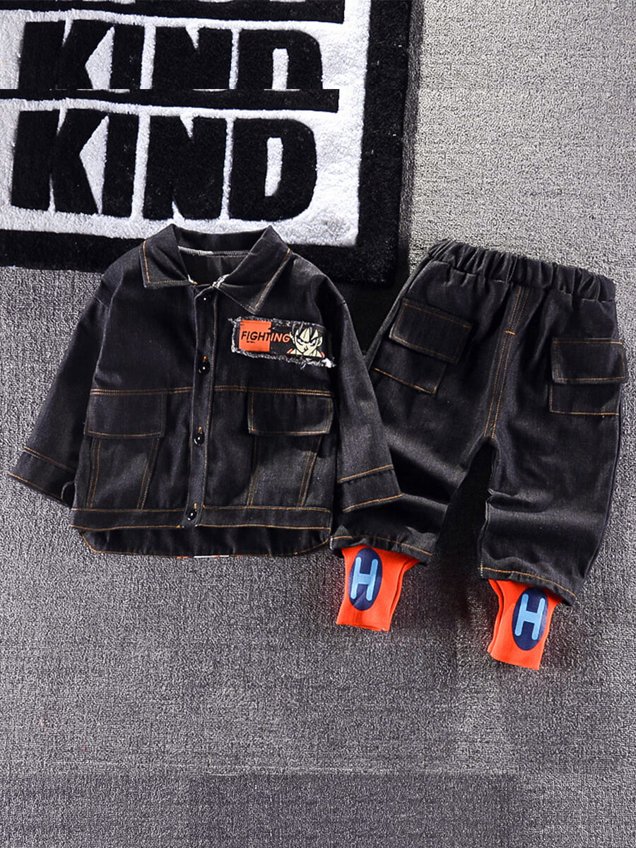 

Lovely Street Turndown Collar Letter Print Black Boy Two Piece Pants Set