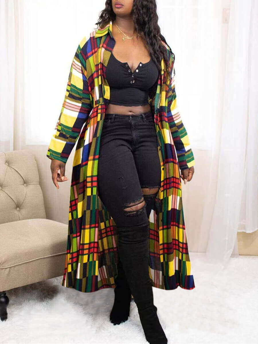 

Lovely Street Turndown Collar Print Patchwork Yellow Trench Coat
