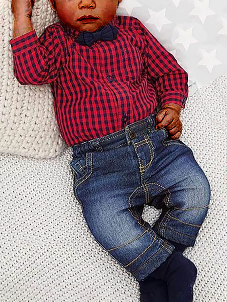

Lovely Formal Plaid Print Bow-tie Decoration Red And Black Boy Two Piece Pants Set, Red and black check
