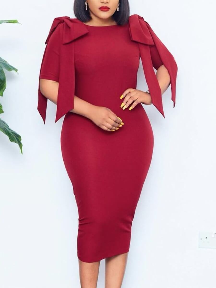 

Lovely Formal Bow-tie Decoration Skinny Red Mid Calf Dress