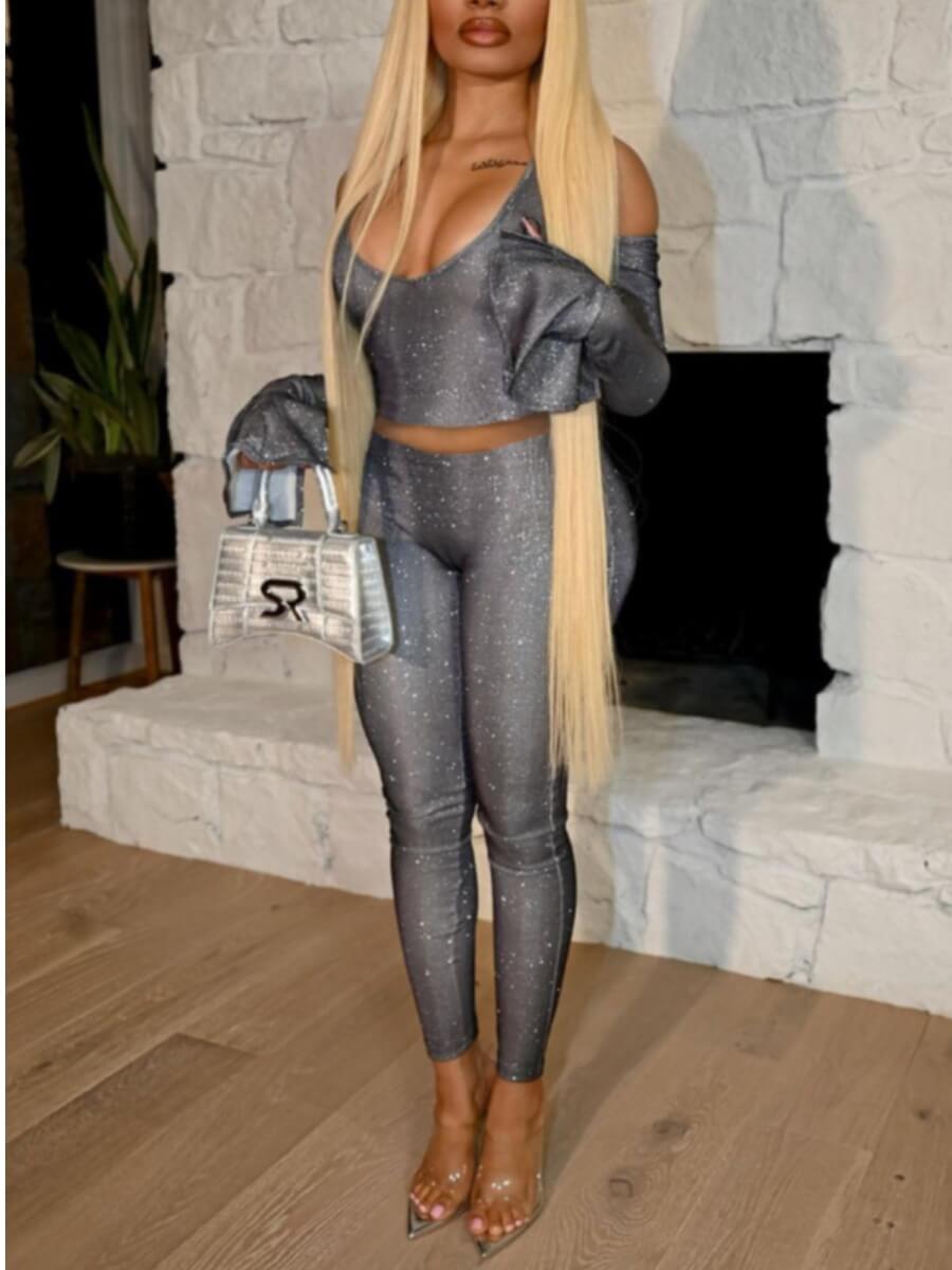 

Lovely Sexy Hollow-out Flared Sequined Grey Two Piece Pants Set