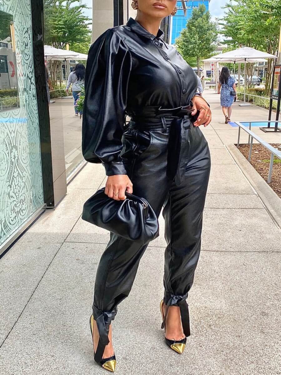 

Lovely Stylish Puffed Sleeve Lace-up Black Two Piece Pants Set