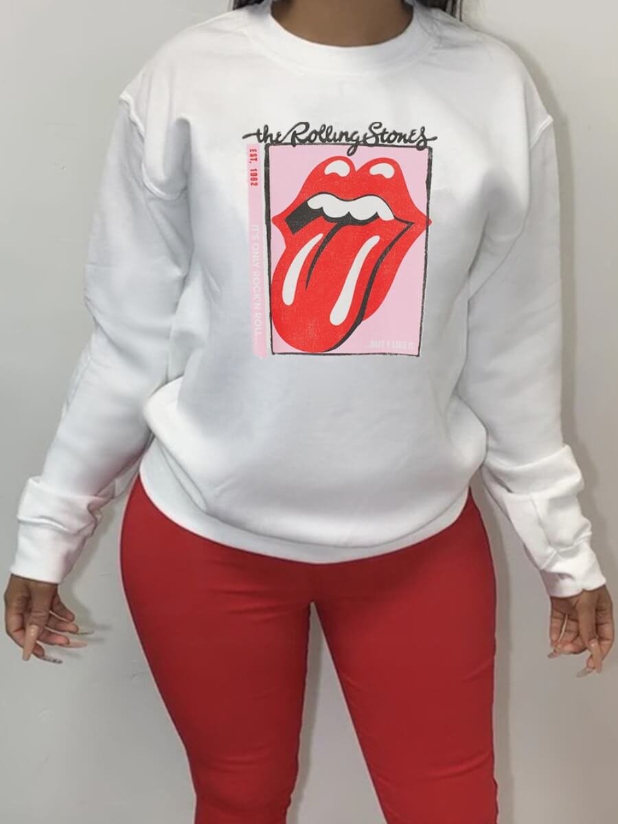 

Lovely Casual O Neck Lip Print White Hoodie