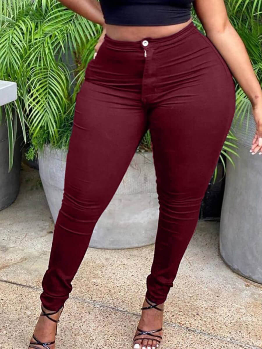 

LW BASICS Plus Size High-waisted Zipper Design Pants, Wine red