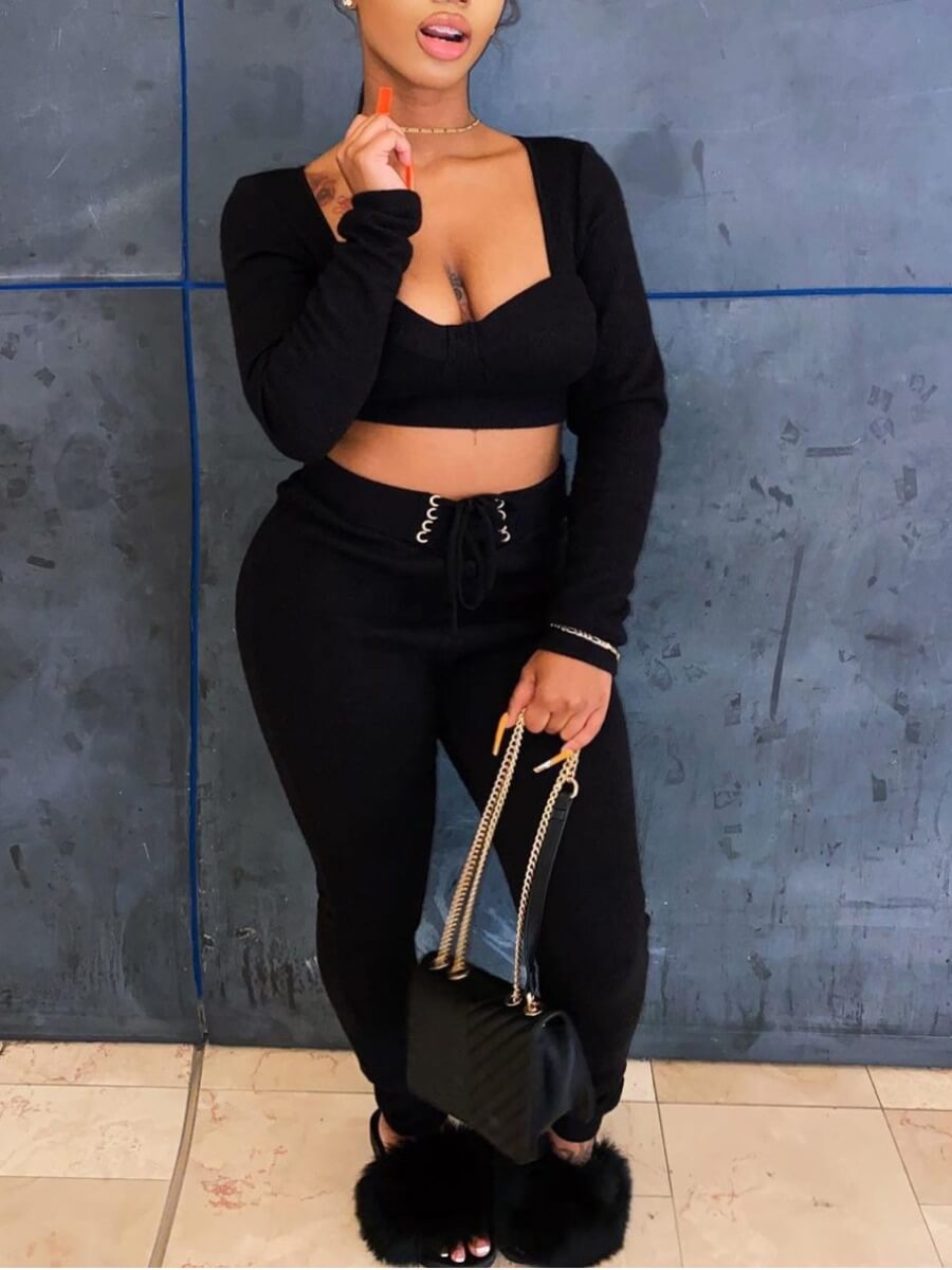 

Lovely Chic U Neck Drawstring Black Two Piece Pants Set