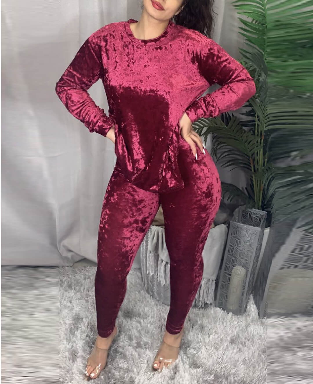 

Lovely Casual O Neck Loose Wine Red Two Piece Pants Set