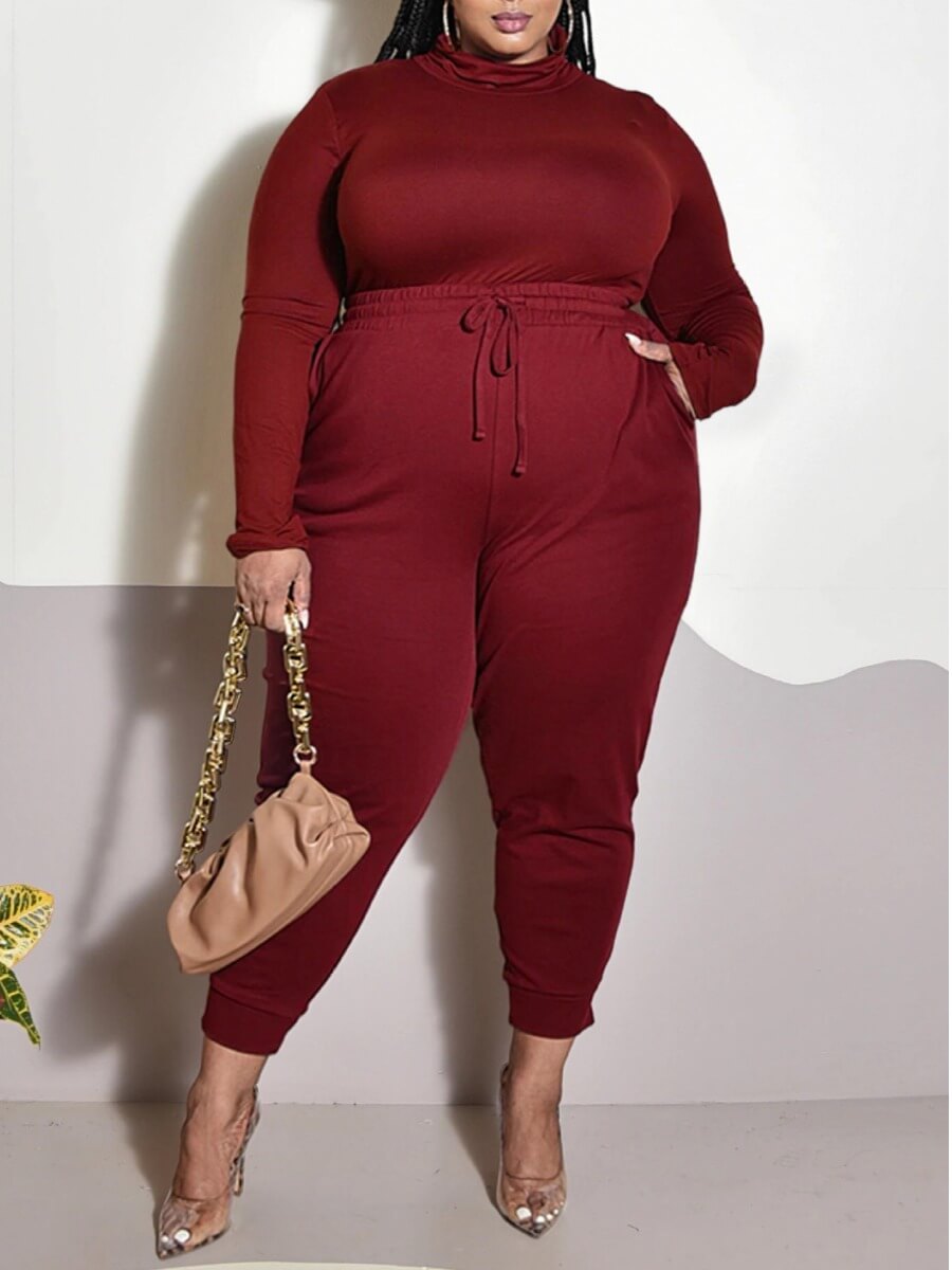 

Lovely Casual Half A Turtleneck Drawstring Design Wine Red Plus Size Two-piece Pants Set