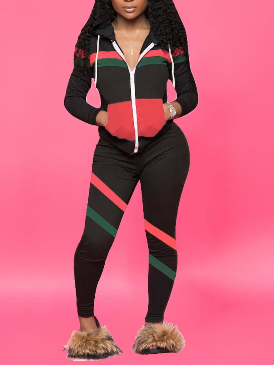 

Lovely Casual Hooded Collar Patchwork Black Two piece Pants Set