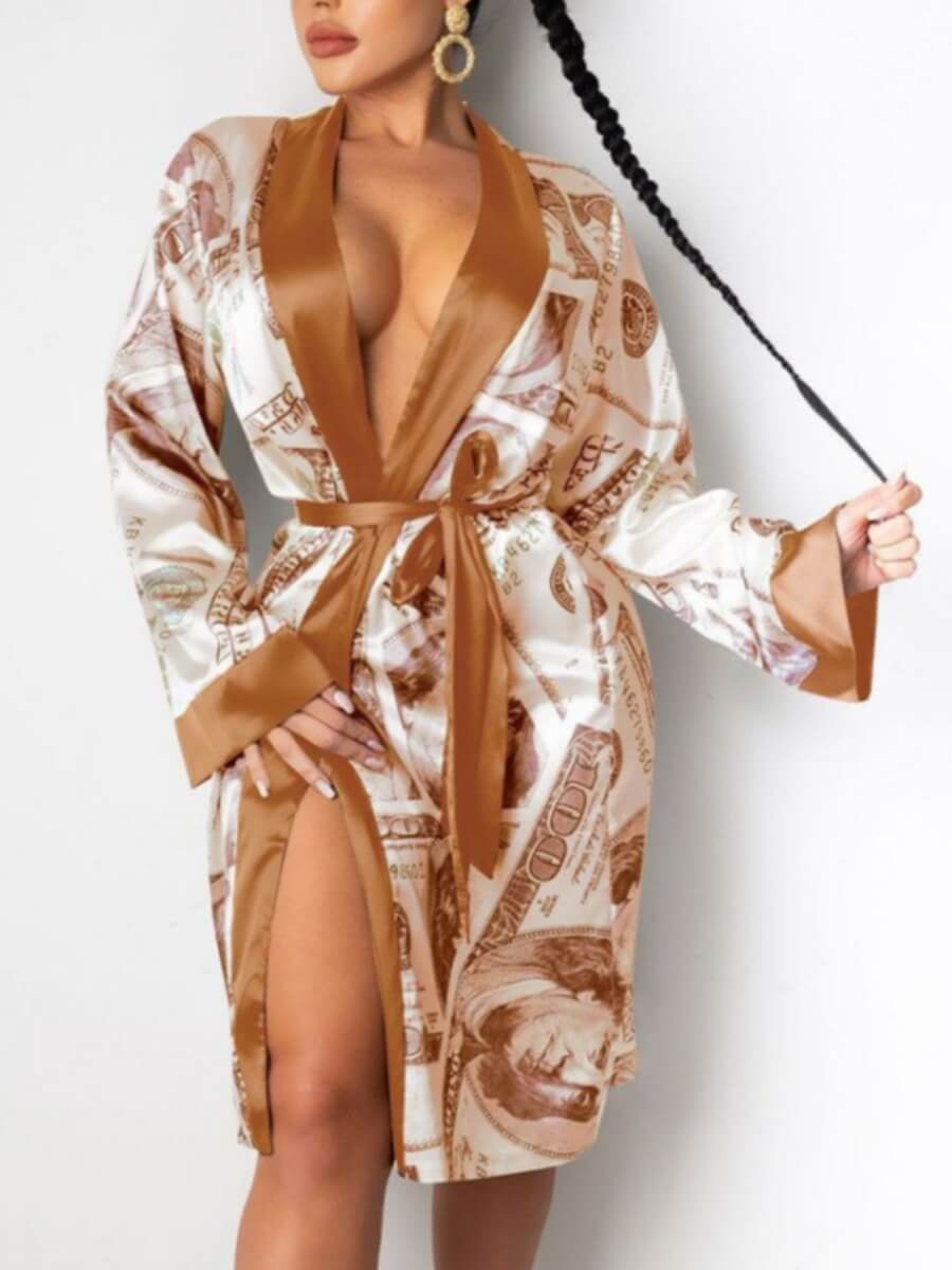 

Lovely Street Money Print Lace-up Coffee Trench Coat