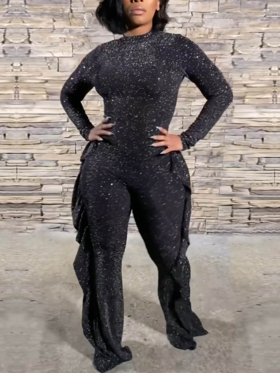 

Lovely Casual Flounce Design Patchwork Black One-piece Jumpsuit