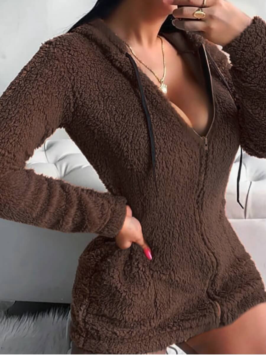 

Lovely Casual Hooded Collar Zipper Design Brown Faux Fur