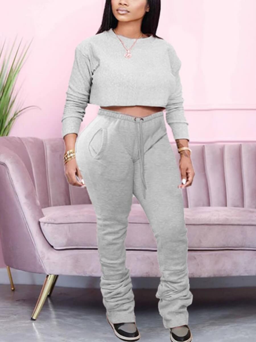 

Lovely Casual O Neck Pleated Grey Two Piece Pants Set