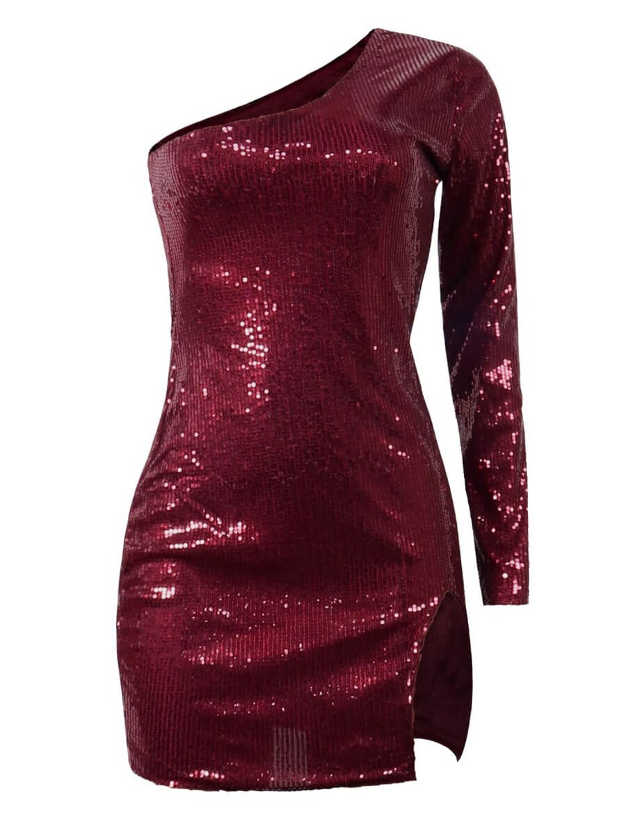 Lovely Sexy One Shoulder Sequined Side Slit Wine Red Mini Evening Dress от Lovelywholesale WW