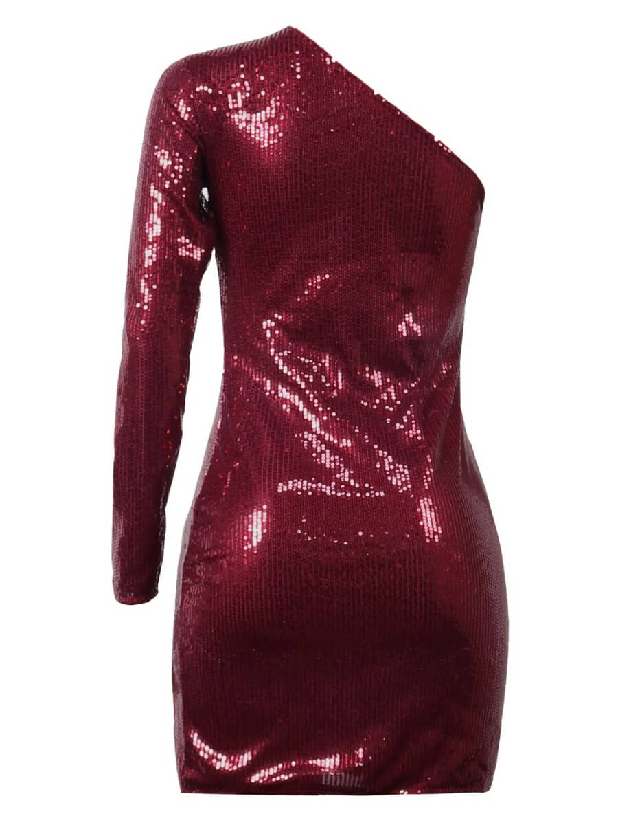 Lovely Sexy One Shoulder Sequined Side Slit Wine Red Mini Evening Dress от Lovelywholesale WW