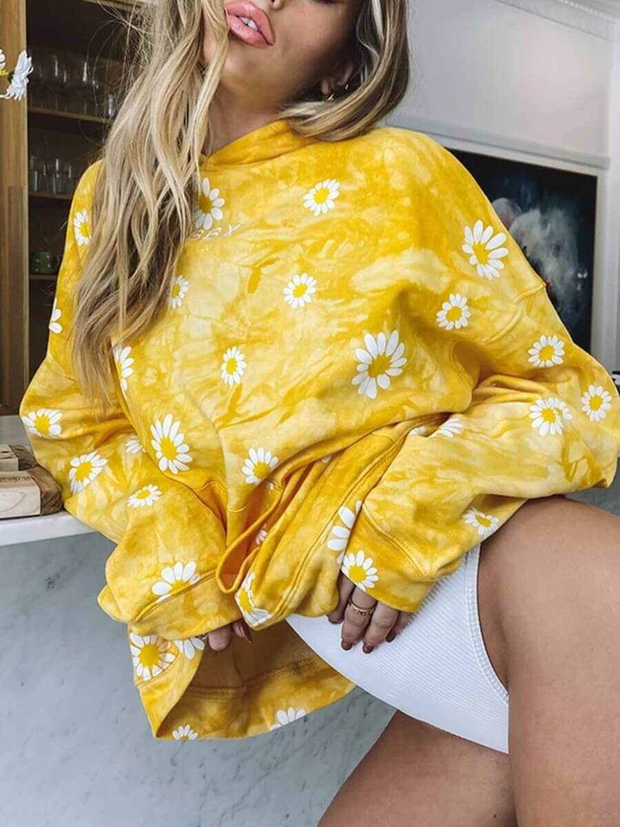 

Lovely Casual Hooded Collar Floral Print Yellow Hoodie