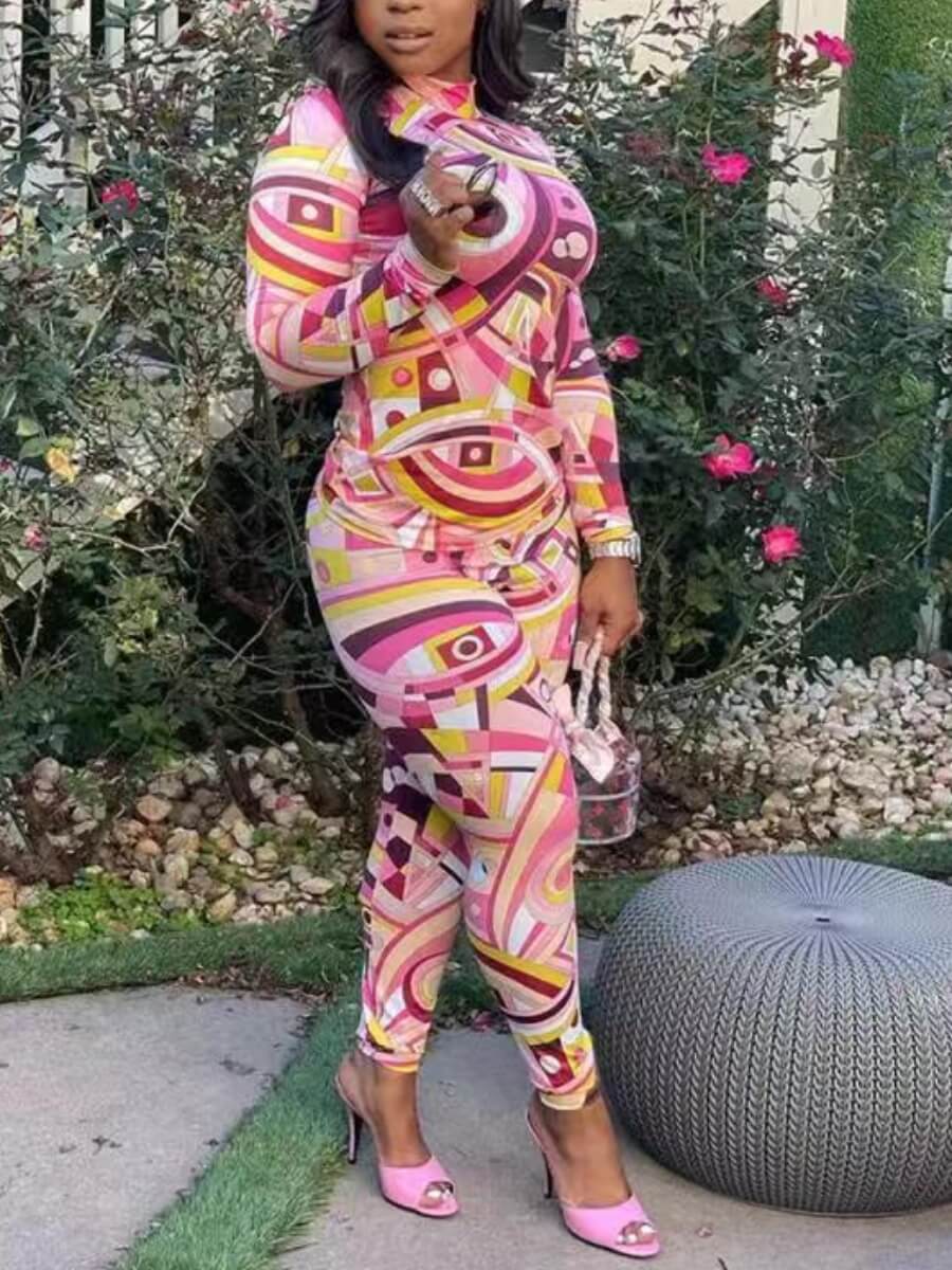 

Lovely Casual Turtleneck Print Multi Two Piece Pants Set