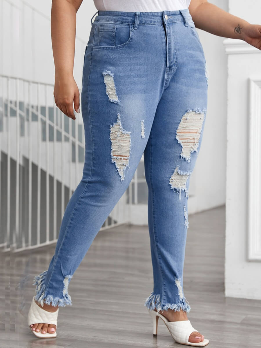 

Lovely Casual Raw Edge Broken Holes Baby Blue Plus Size Jeans