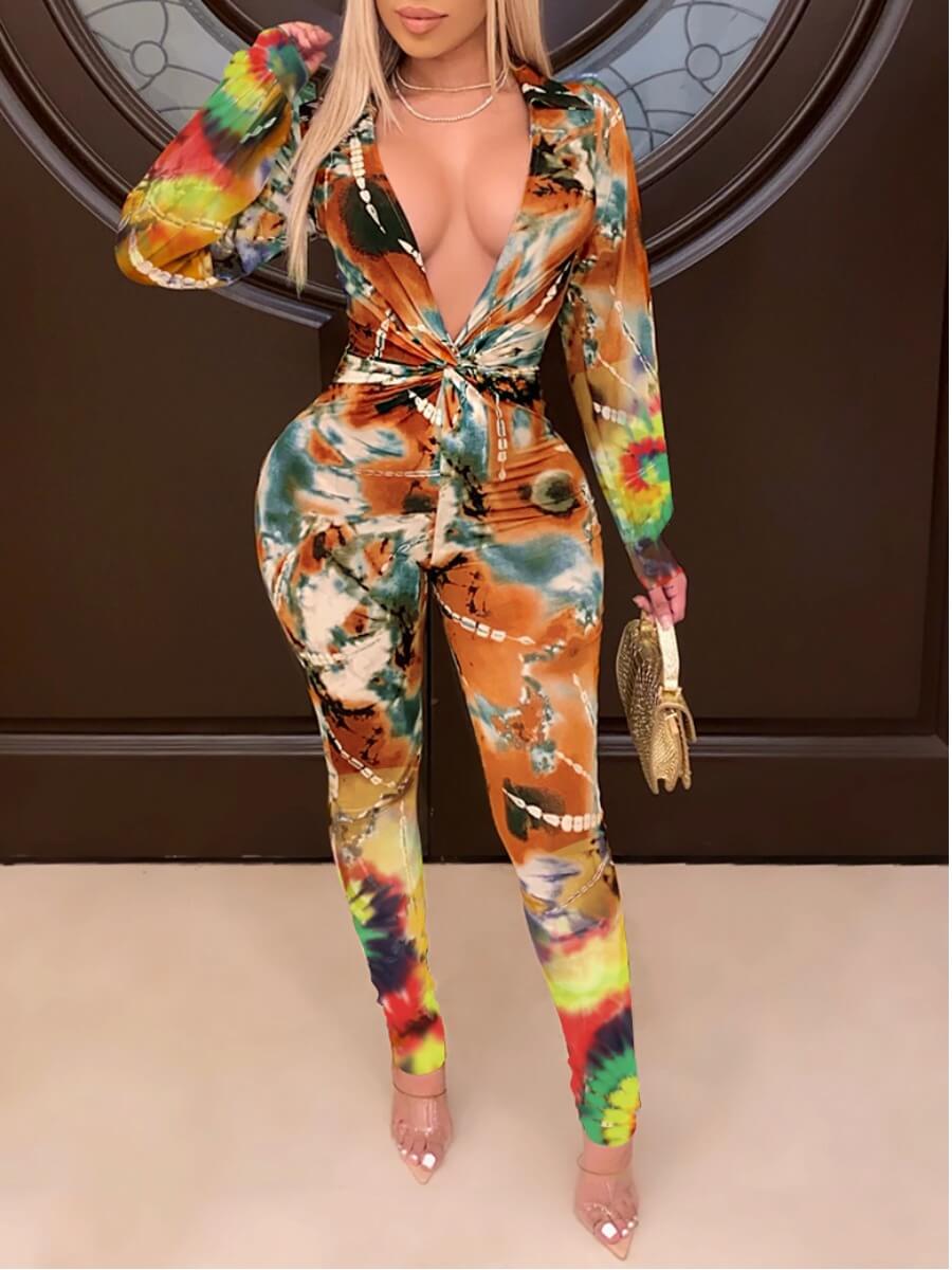 

Lovely Street Tie-dye Patchwork Multicolor One-piece Jumpsuit, Multi